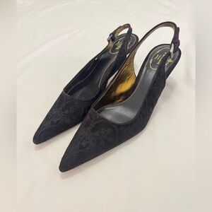 Vintage Prada slingback kitten heels suede embroidered size 37.5 dark brown